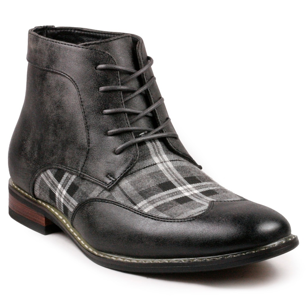 Gray Plaid Lace Up Wing Tip Oxford Dress Boot